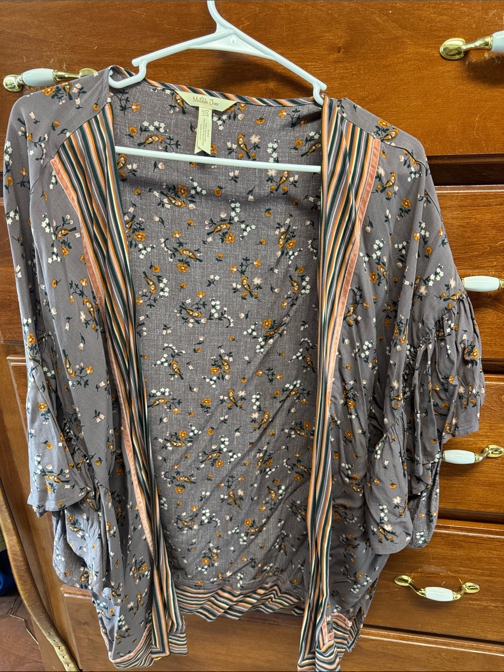 Matilda Jane Gray Floral Open-Front Kimono with Orange Accents